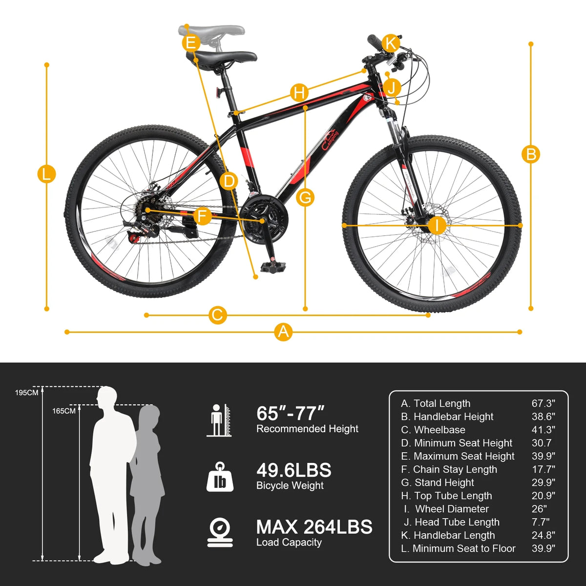 Vélo VTT léger UBesGoo 26 Explorer, 21 vitesses pour homme et femme, freins à disque et suspension, rouge/noir