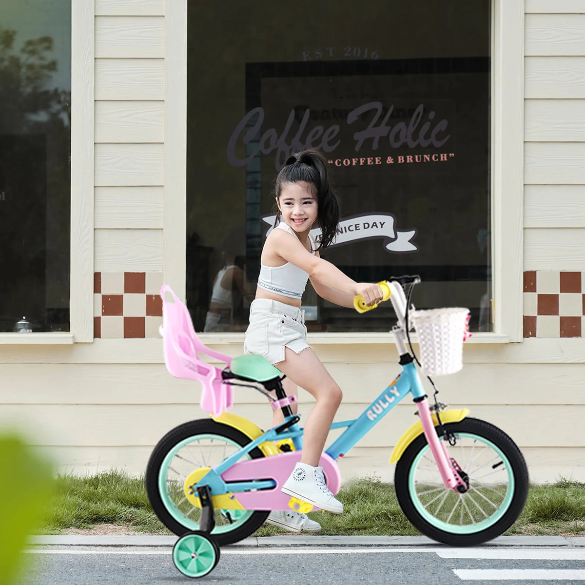 Vélo enfant RULLY 14 pour filles de 3, 4 et 5 ans mesurant 89 à 119 cm, vélo pour petite fille avec roues d’apprentissage, siège pour poupée et frein à pédales, vélo arc-en-ciel, couleurs pastel