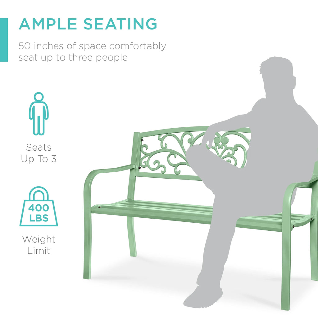 Best Choice Products Banc en Acier d'Extérieur Jardin Patio Porche Meuble avec Dossier à Motif Floral - Noir