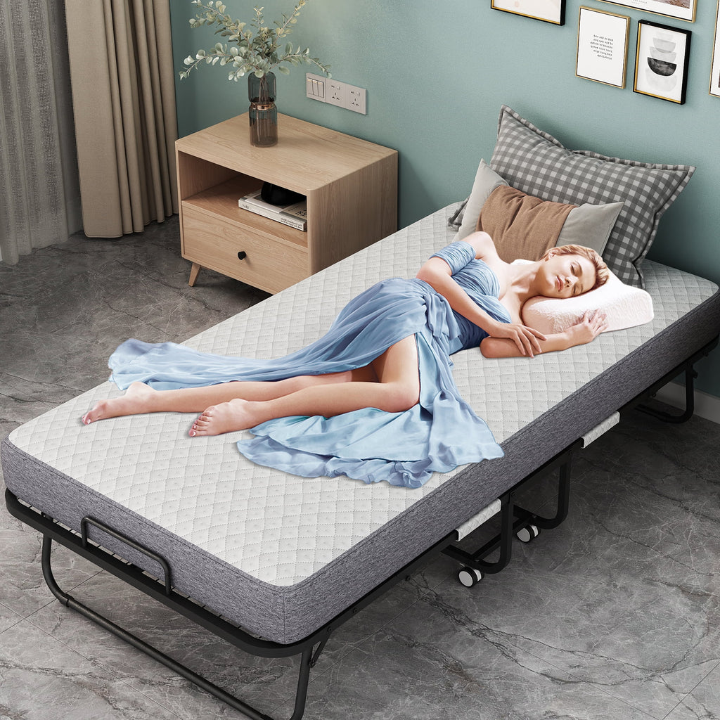 Lit pliant avec matelas 75 x 31 format lit de camp Lit plié, lit d'appoint sur roulettes portable et pliable lit supplémentaire pour adultes lit de repos avec matelas en mousse à mémoire de forme 5 cadre en grille métallique robuste peu encombrant