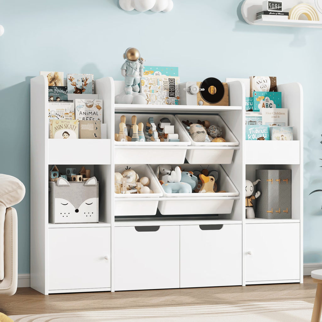 Hiphuta Bibliothèque et Meuble de Rangement pour Jouets pour Enfants, Organisateur en Bois avec 4 Paniers et 2 Tiroirs Amovibles pour la Maison et la Chambre, Étagère à Livres pour Enfants avec Bac à Jouets et Support à Livres, Blanc