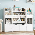 Hiphuta Bibliothèque et Meuble de Rangement pour Jouets pour Enfants, Organisateur en Bois avec 4 Paniers et 2 Tiroirs Amovibles pour la Maison et la Chambre, Étagère à Livres pour Enfants avec Bac à Jouets et Support à Livres, Blanc