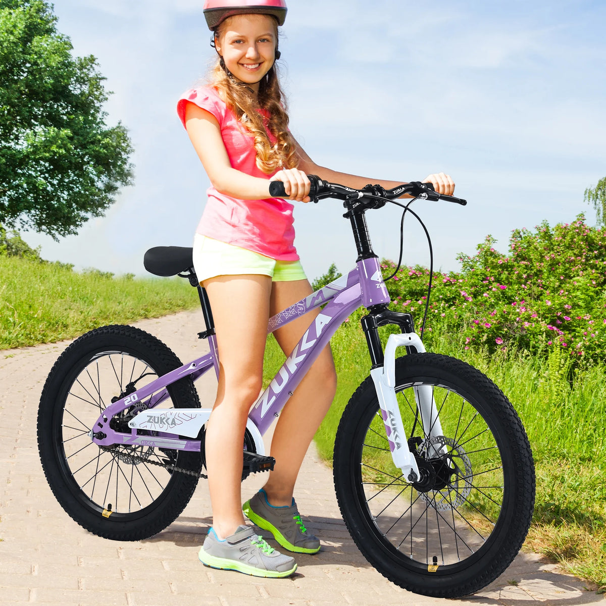 Vélo VTT pour enfant Zukka 20 pouces, cadre en acier, modèle hardtail, pour enfant de 7 à 10 ans, rose