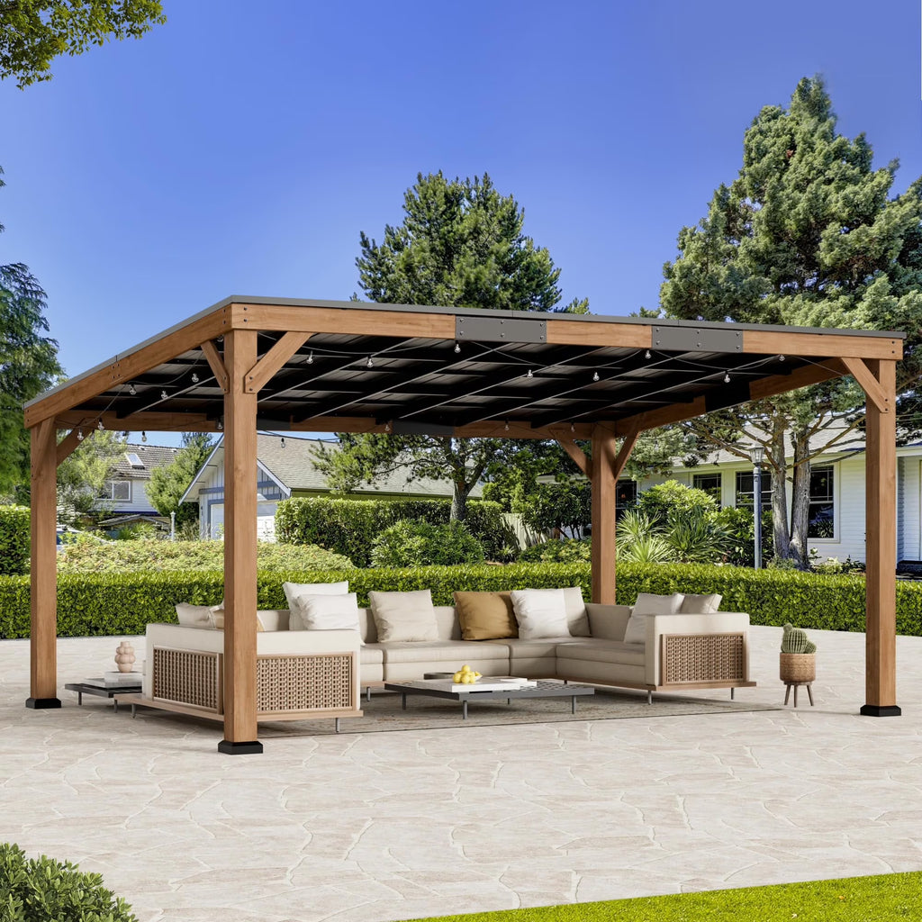 Tonnelle moderne haut de gamme en bois de cèdre 12' x 16' avec toit incliné rigide, tonnelle en bois avec grille, durable et résistante à la pourriture, supporte les charges de neige et les vents violents