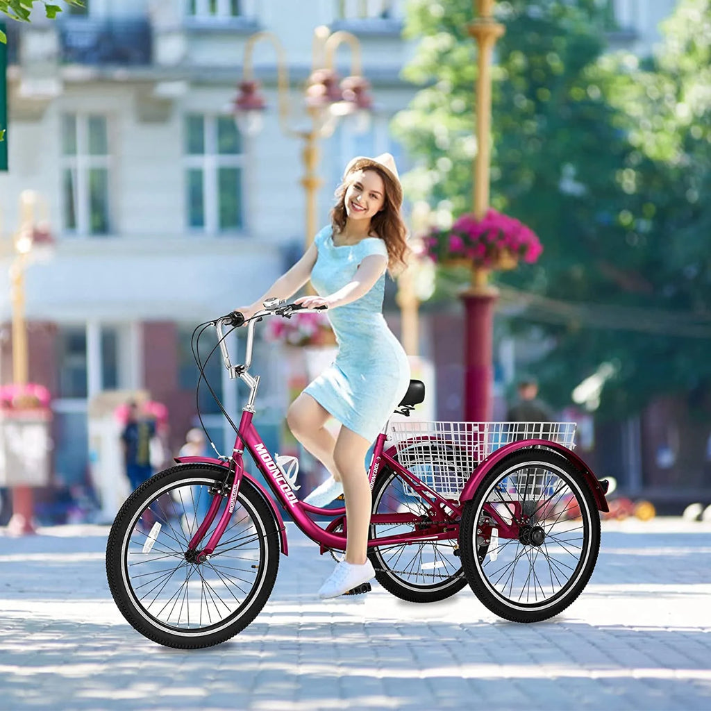 Tricycles pour adultes MOONCOOL avec panier arrière et pompe à pied, vélos à 3 roues 7 vitesses de 24 et 26 pouces, vélo à trois roues pour adultes avec dossier pour seniors, femmes et hommes
