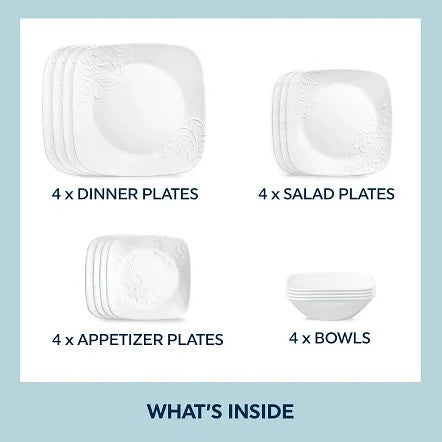 Service de vaisselle Corelle Cherish en verre carré gaufré, 16 pièces (pour 4 personnes)