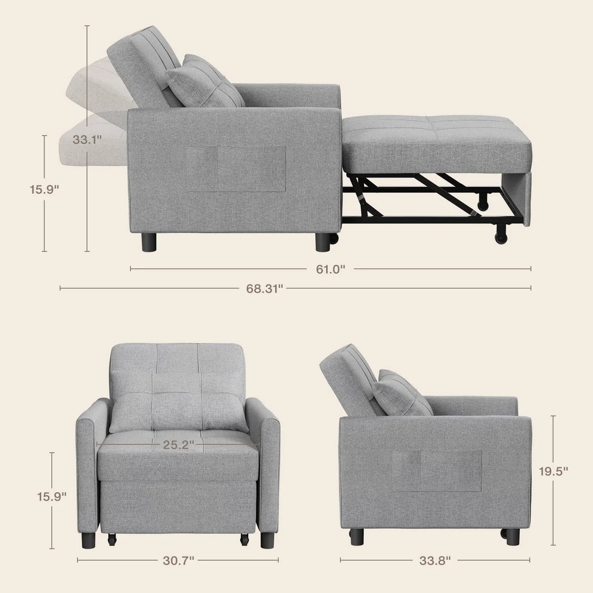 Fauteuil convertible Lofka, canapé-lit inclinable, lit une place pour salon/bureau/chambre, gris clair