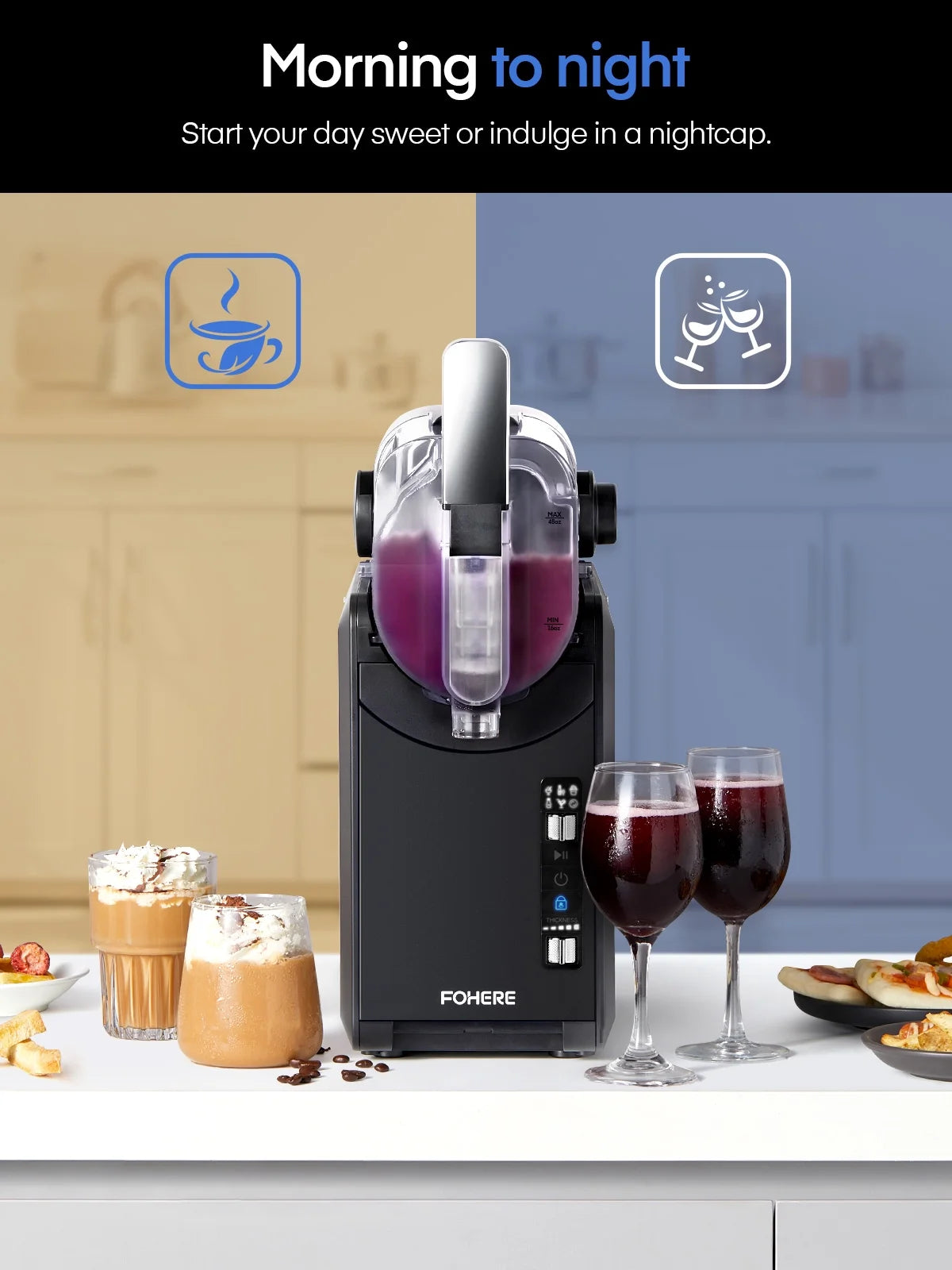 Machine à granité 5-en-1, sans glaçons, en 15 min, pour la maison, avec fonction autonettoyante, machine professionnelle à boissons glacées, 5 programmes prédéfinis, margaritas glacées, frappes, milkshakes et plus encore, FOHERE