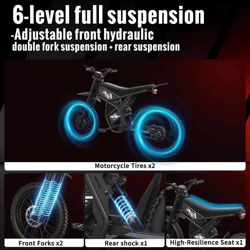 Moto électrique Ridingtimes GT73 2400W 48V 18.2AH*2 VÉLO électrique avec pneus 25 écran numérique Acier au carbone,NOIR