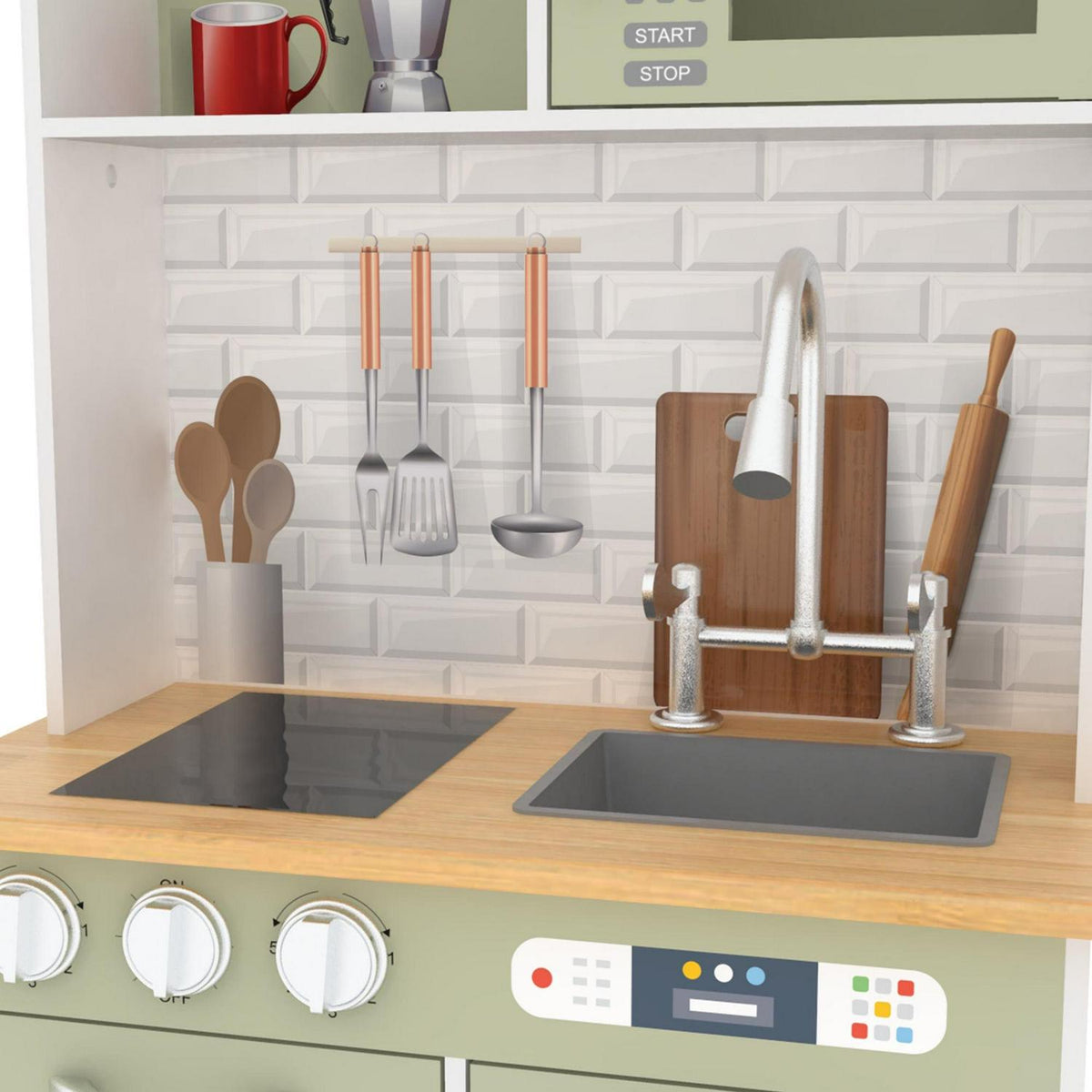 Teamson Kids Little Chef Ensemble de cuisine moderne Boston. Ensemble d'accessoires de 9 pièces. Four. Micro-ondes. Brûleur. Évier. Blanc/Vert