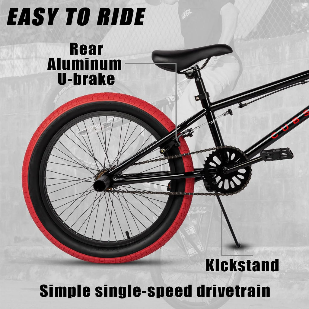 cubsala 20 Vélo BMX Freestyle pour enfants de 6 à 14 ans, garçons et filles, avec 4 cales, noir avec pneus rouges