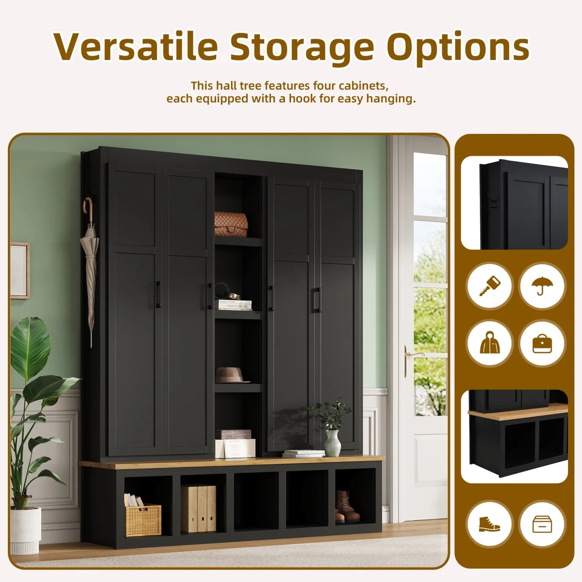 Vestiaire d’entrée style maison de campagne avec banc et rangement pour chaussures, 4-en-1, avec 4 placards, 5 casiers à chaussures et 6 crochets, noir