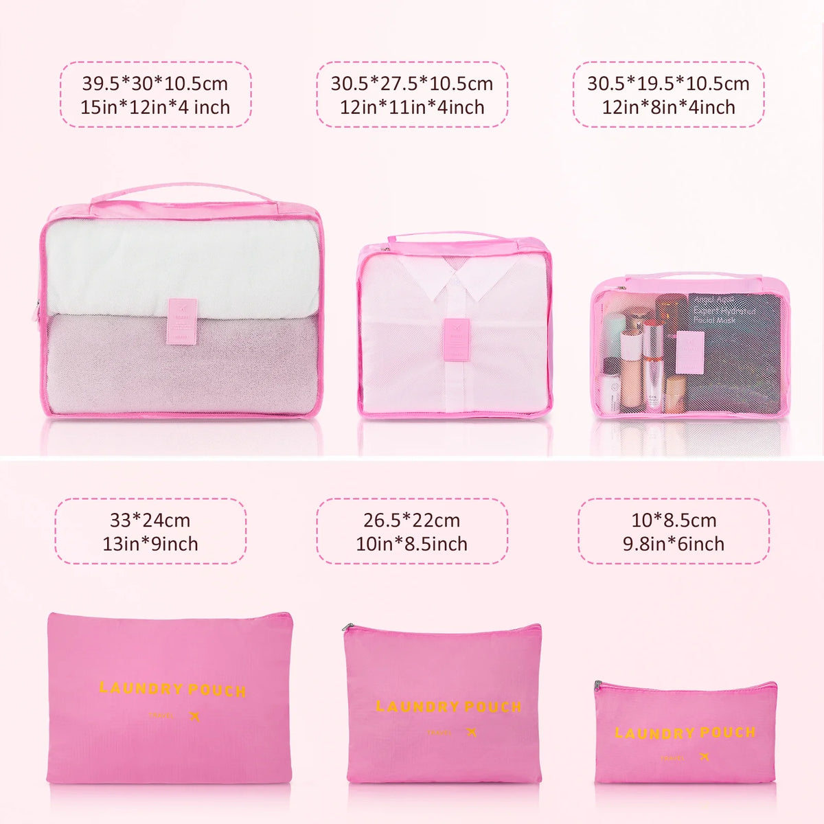 Ensemble de 9 pièces comprenant 3 valises rigides de 20, 24 et 28 pouces, 6 sacs de rangement et valises de voyage à roulettes, rose