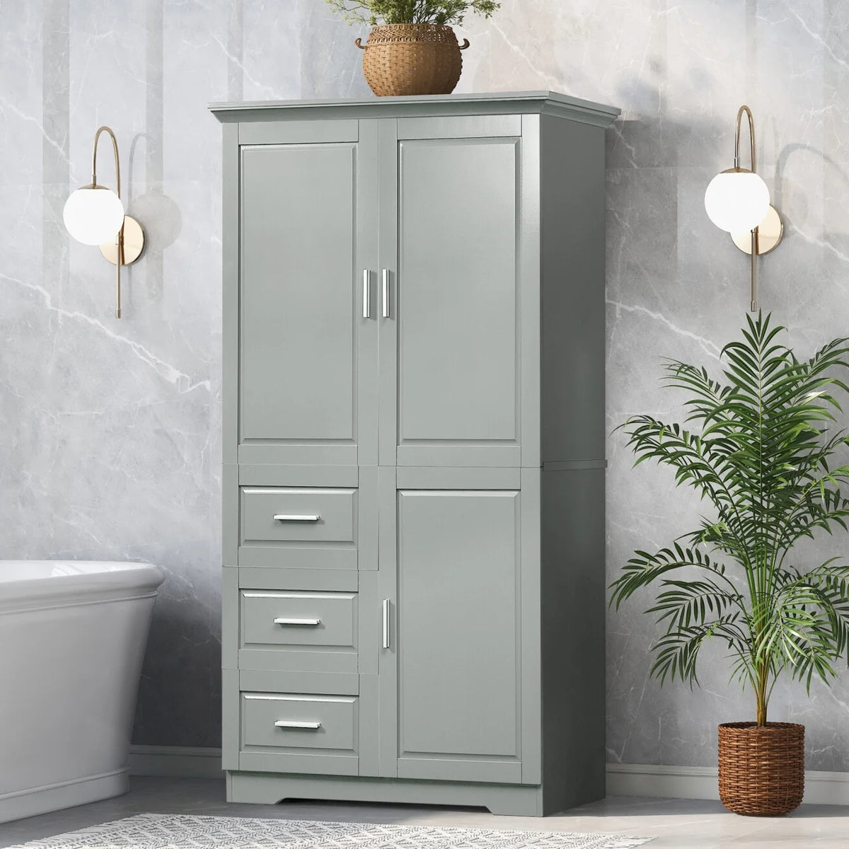 Armoire de salle de bain, meuble de rangement de 62,2 de haut avec portes et étagères, armoire à linge sur pied pour salle de bain, cuisine, salon, grise
