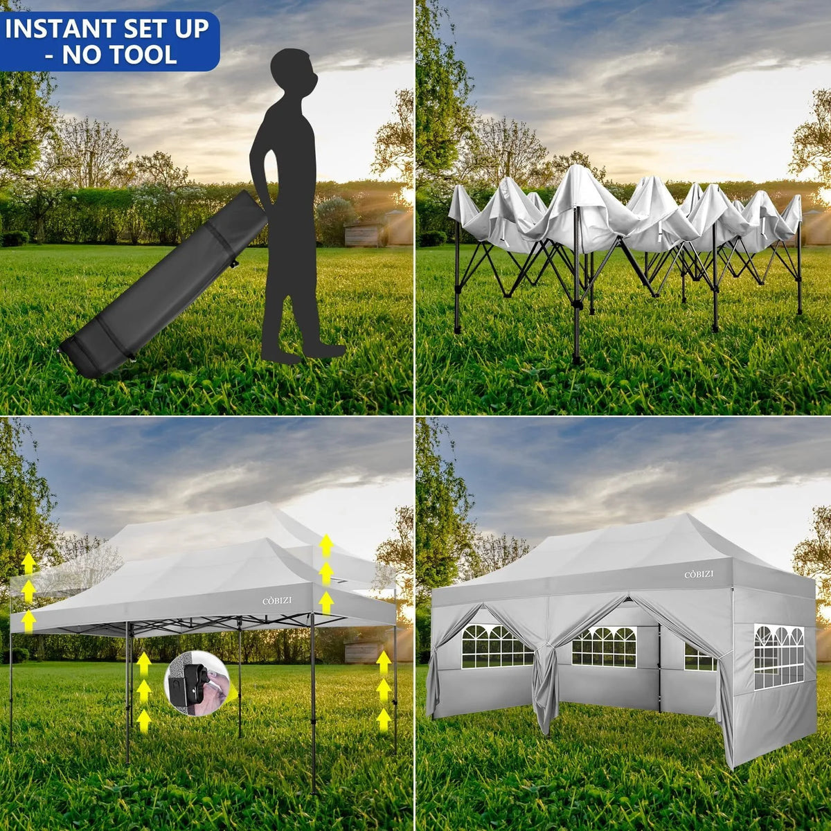 COBIZI 10'x20' Chapiteau Tente Pop-up Facile Anti-UV Imperméable Tente d'extérieur Abri instantané pour fêtes et mariages Tente-pavillon toutes saisons avec 6 parois latérales amovibles, 4 sacs de sable, sac de transport à roulettes, Blanc