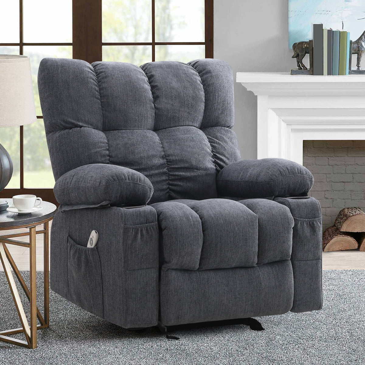 Fauteuil inclinable manuel JONPONY avec fonction de massage et de chauffage, mécanisme d’inclinaison robuste, fauteuil à bascule individuel pour personnes âgées avec porte-gobelets, pour chambre et salle de cinéma maison, gris