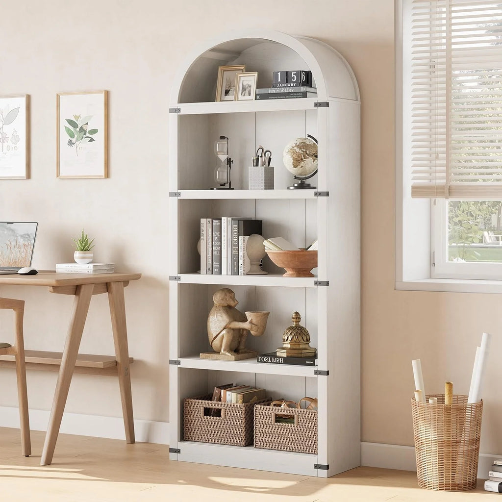 Bibliothèque à 5 étagères avec arche, 182 cm de haut, meuble de rangement et d’exposition de style rustique en bois pour bureau, salon ou maison (blanc)