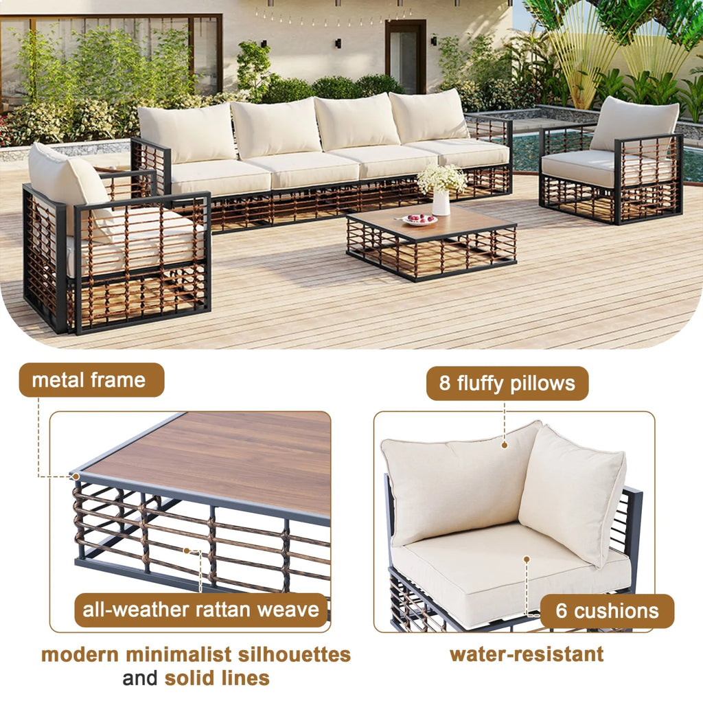 Ensemble de salon de jardin modulable en métal 7 pièces, canapé en rotin moderne et minimaliste avec coussins épais et table basse, salon d’extérieur toutes saisons pour jardin, bord de piscine et cour arrière, gris