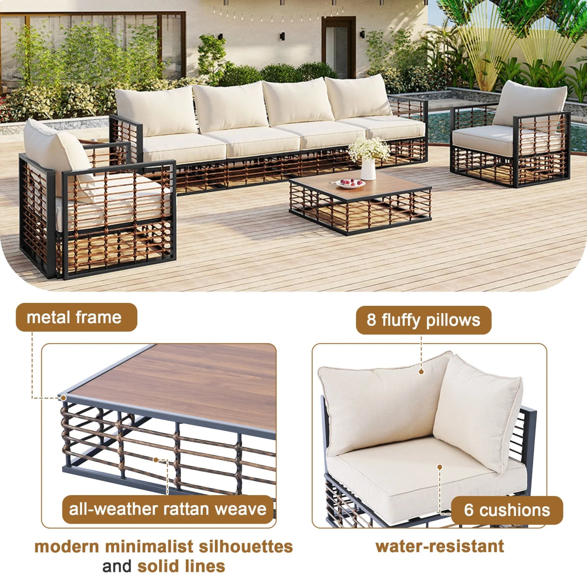 Ensemble de salon de jardin modulable en métal 7 pièces, canapé en rotin moderne et minimaliste avec coussins épais et table basse, salon d’extérieur toutes saisons pour jardin, bord de piscine et cour arrière, gris
