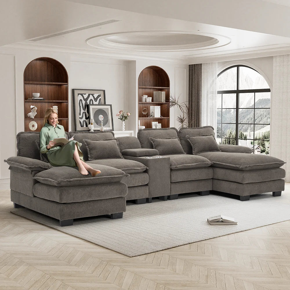 Canapé modulable en U Wiilayok Cloud Couch, méridienne double extra profonde de 124 cm en chenille duveteuse, console centrale avec ports USB-C et A doubles, gris tempête