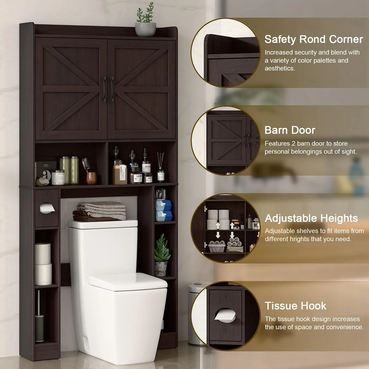 Meuble de rangement Vabches au-dessus des toilettes avec porte-papier toilette, avec étagère réglable et 2 portes