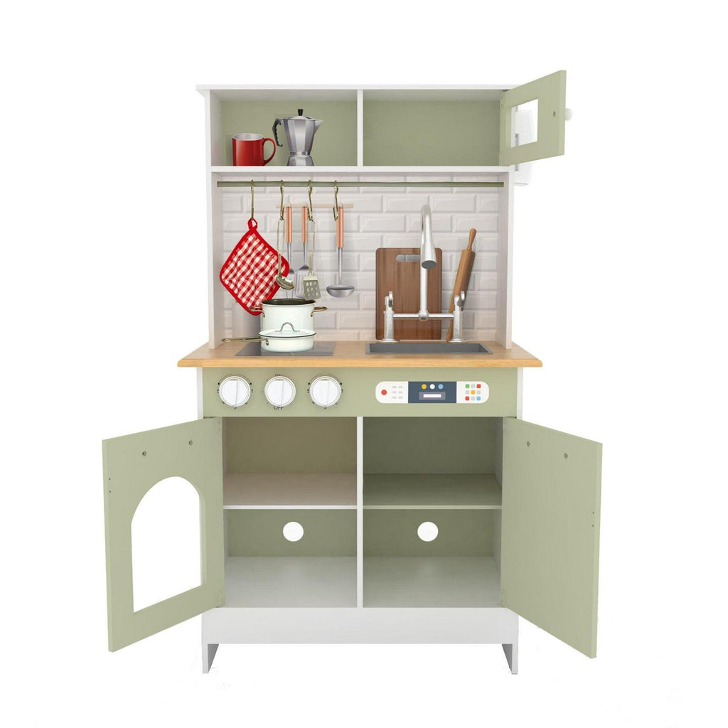 Teamson Kids Little Chef Ensemble de cuisine moderne Boston. Ensemble d'accessoires de 9 pièces. Four. Micro-ondes. Brûleur. Évier. Blanc/Vert