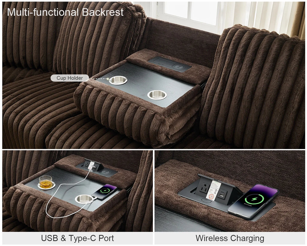 Canapé d’angle inclinable électrique avec chargeur sans fil, 6 places en fausse fourrure avec fauteuils inclinables, porte-gobelets dissimulés, console de rangement, ports USB et Type-C, noir