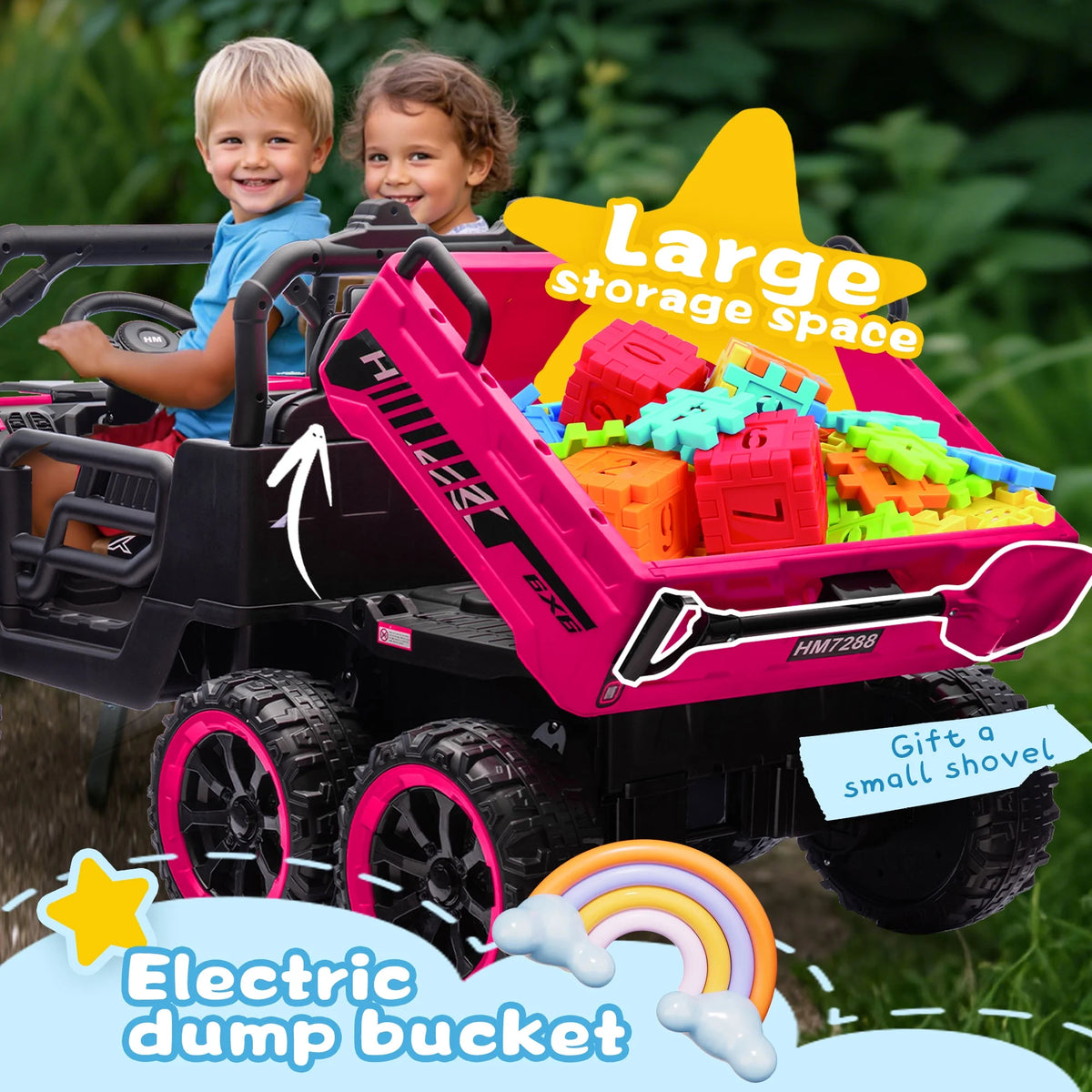 Xuanlur Voiture électrique pour enfants 24V 2 places, UTV avec moteur 2x200W, Jouet électrique 24 volts avec benne/pelle, Voiture électrique pour enfants avec pneus résistants, lumière LED, musique, télécommande, noire