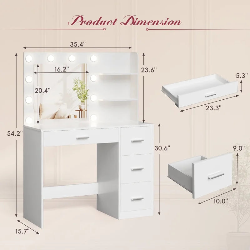 Coiffeuse Lacoo avec miroir et éclairage LED, coiffeuse de maquillage avec 7 tiroirs et 4 étagères, table de toilette avec prise électrique pour chambre ou dressing, blanc