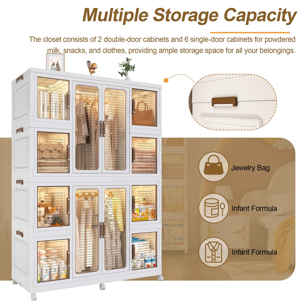 Penderie portable pour enfants Montary avec portes magnétiques et tringle – Meuble de rangement en plastique à 4 casiers pour chambre d'enfant