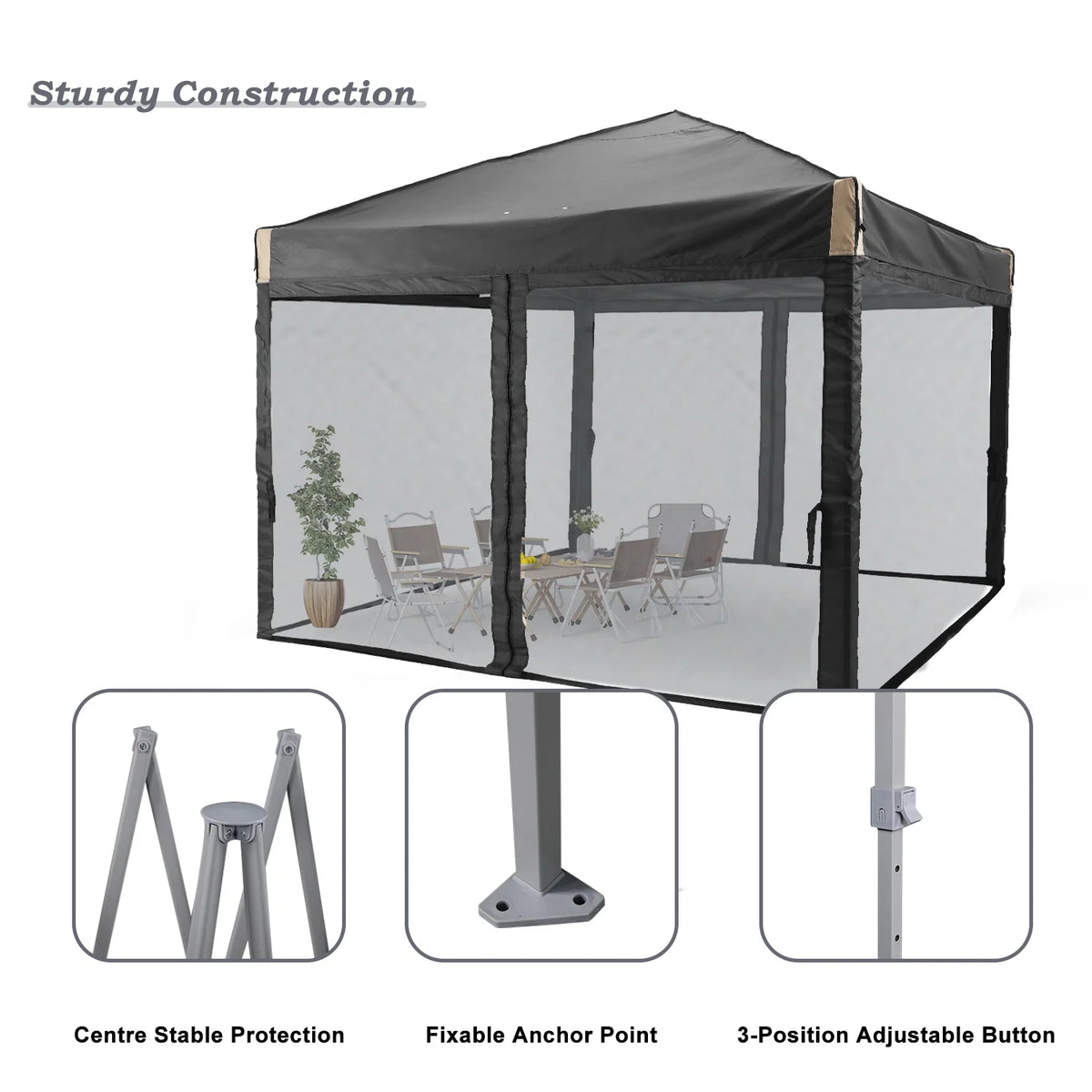 Aoodor Chapiteau Pop-Up 12'x12' avec Murs Latéraux Amovibles en Maille, Tente Abri Instantanée Portable d'Extérieur-Noir