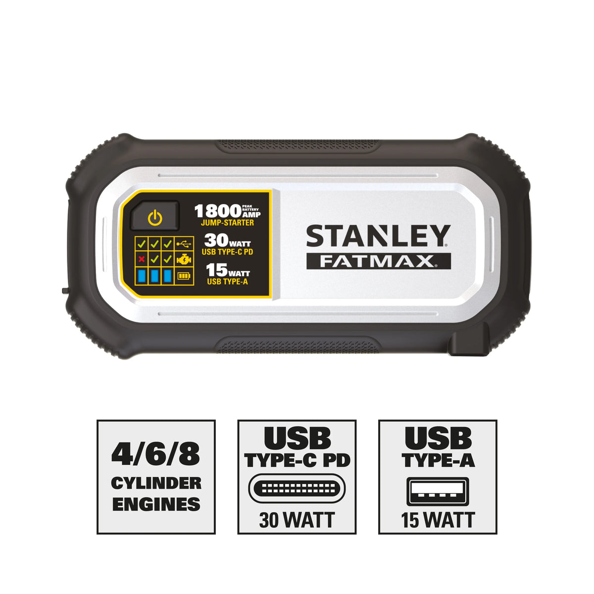 Booster de batterie au lithium Stanley FatMax 1800A avec entrée/sortie USB-C PD 30W et sortie USB-A 15W, pinces incluses