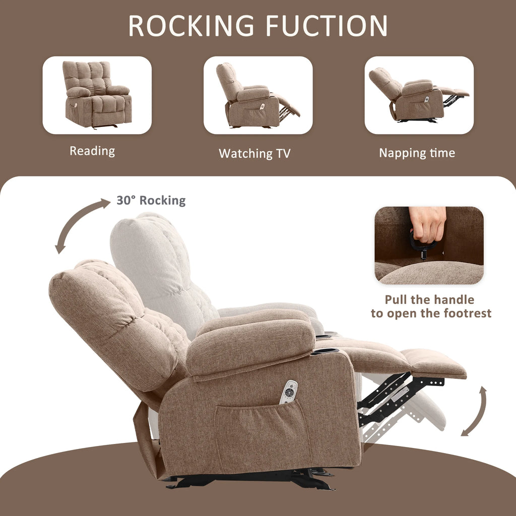 Fauteuil inclinable manuel JONPONY avec fonction de massage et de chauffage, mécanisme d’inclinaison robuste, fauteuil à bascule individuel pour personnes âgées avec porte-gobelets, pour chambre et salle de cinéma maison, gris