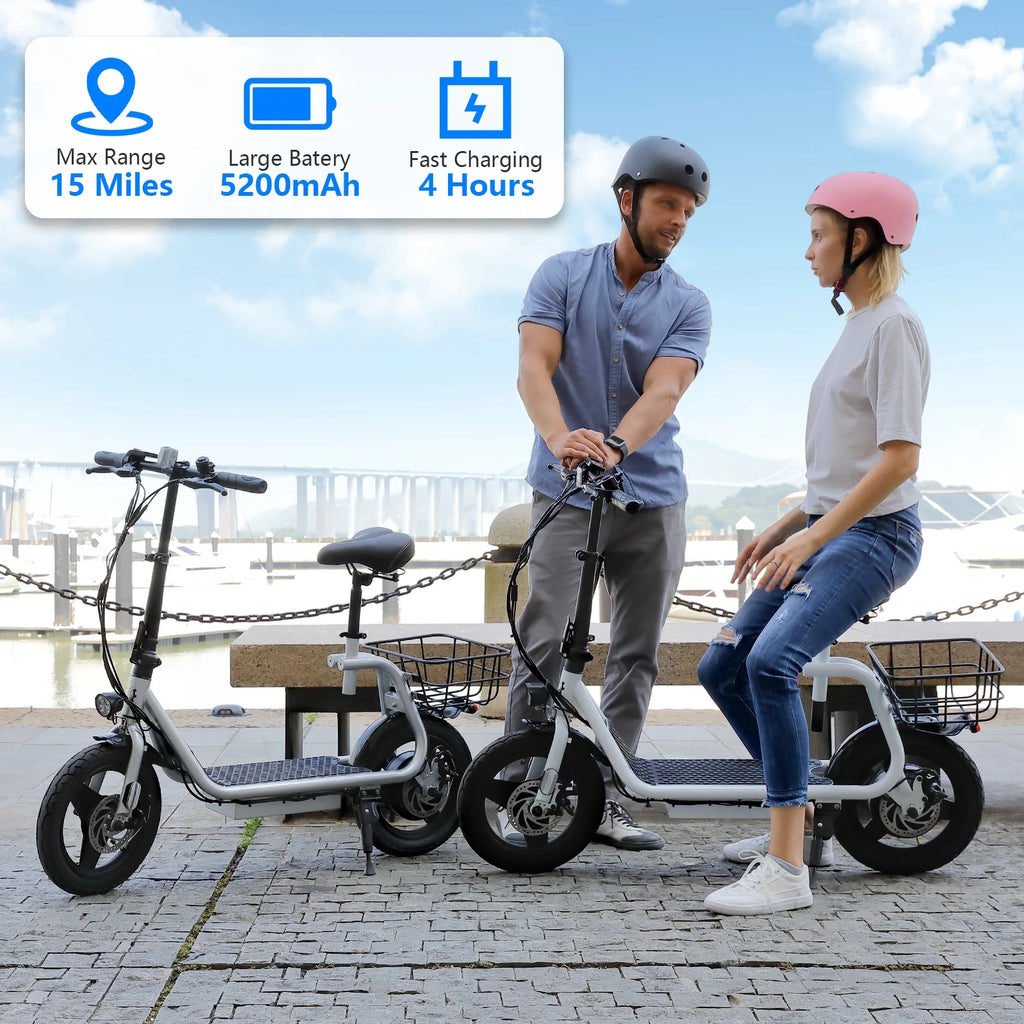 Trottinette électrique SANOPY 350 W avec siège pour adultes, autonomie de 24 km, vitesse de 32 km/h, cyclomoteur avec batterie 36 V 5,2 Ah, vélo électrique urbain avec gros pneus de 14 pouces et amortisseurs, noir