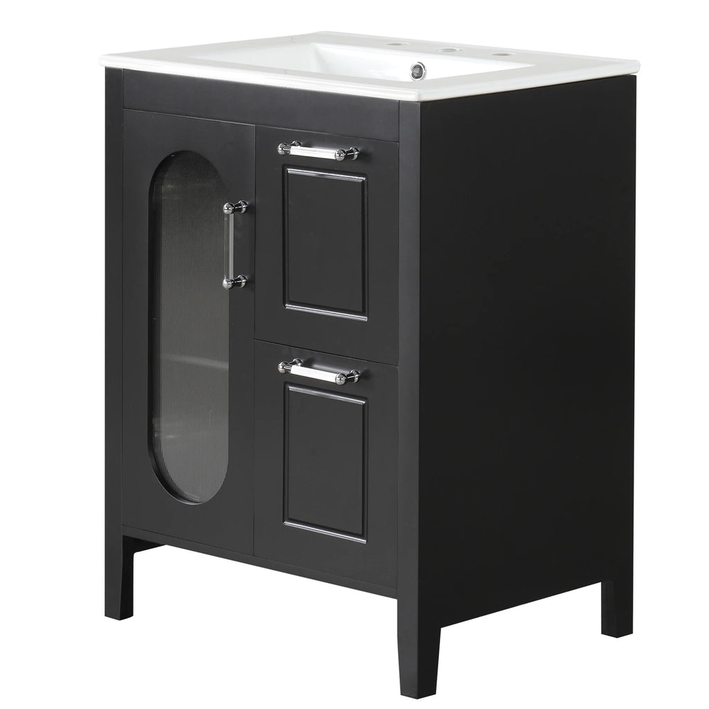 Meuble-lavabo Soges 24 avec vasque en céramique, meuble de toilette en bois massif avec porte, étagère réglable et 2 tiroirs, ensemble lavabo simple autoportant pour petite salle de bains, blanc