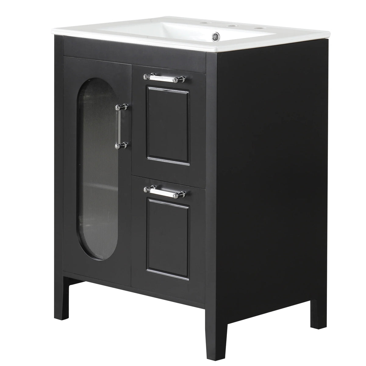 Meuble-lavabo Soges 24 avec vasque en céramique, meuble de toilette en bois massif avec porte, étagère réglable et 2 tiroirs, ensemble lavabo simple autoportant pour petite salle de bains, blanc