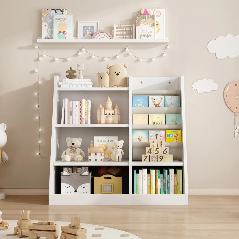 IVV Bibliothèque Montessori pour enfants, Bibliothèque moderne en bois à 4 niveaux, Étagère à livres et jouets pour enfants, Support d’étagère en tissu, Pour salle de classe, chambre, chambre de bébé ou salle de jeux (Rose)