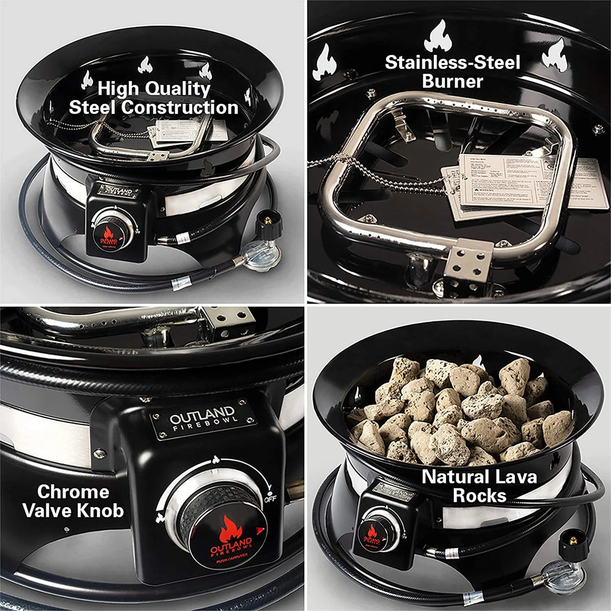 Outland Living Firebowl 870, brasero d’extérieur haut de gamme au propane avec auto-allumage, housse résistante aux UV et aux intempéries et kit de transport, diamètre de 19 pouces, 58 000 BTU