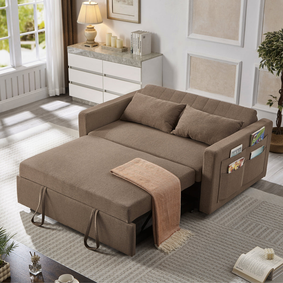 Canapé-lit 2 places Noodeniya 54, canapé convertible moderne, causeuse en tissu pour petits espaces, gris clair