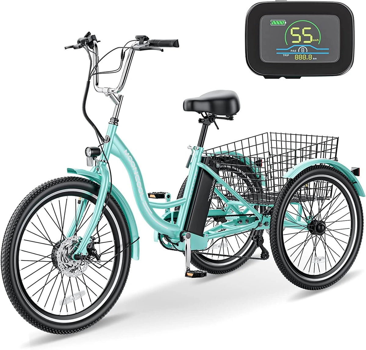 Tricycle électrique ABORON 350W, 7 vitesses, 24/26 pouces, motorisé, 3 roues, pour adultes, avec batterie au lithium 36V 10Ah certifiée UL, panier arrière