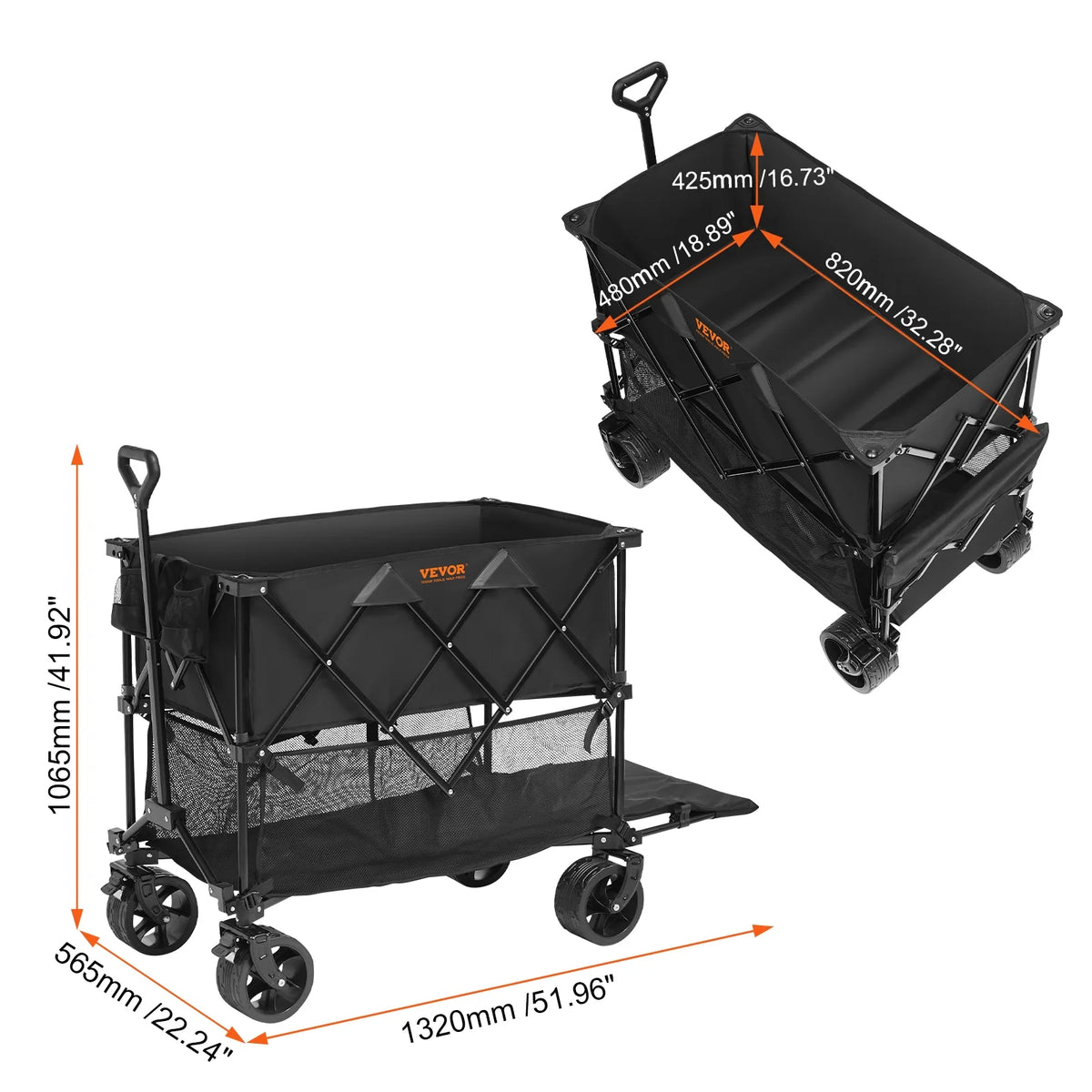 Chariot pliant à deux niveaux VEVOR, chariot pliable de 400 L avec roues tout-terrain, chariot pliant robuste d’une capacité de charge de 350 à 450 lb pour le camping, les courses et le jardin, rallonge extra-longue de 52 po