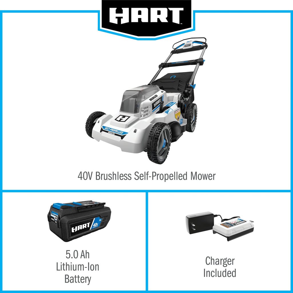 Kit de tondeuse autotractée sans balais HART 40 volts de 20 pouces, (1) batterie lithium-ion 6,0 Ah