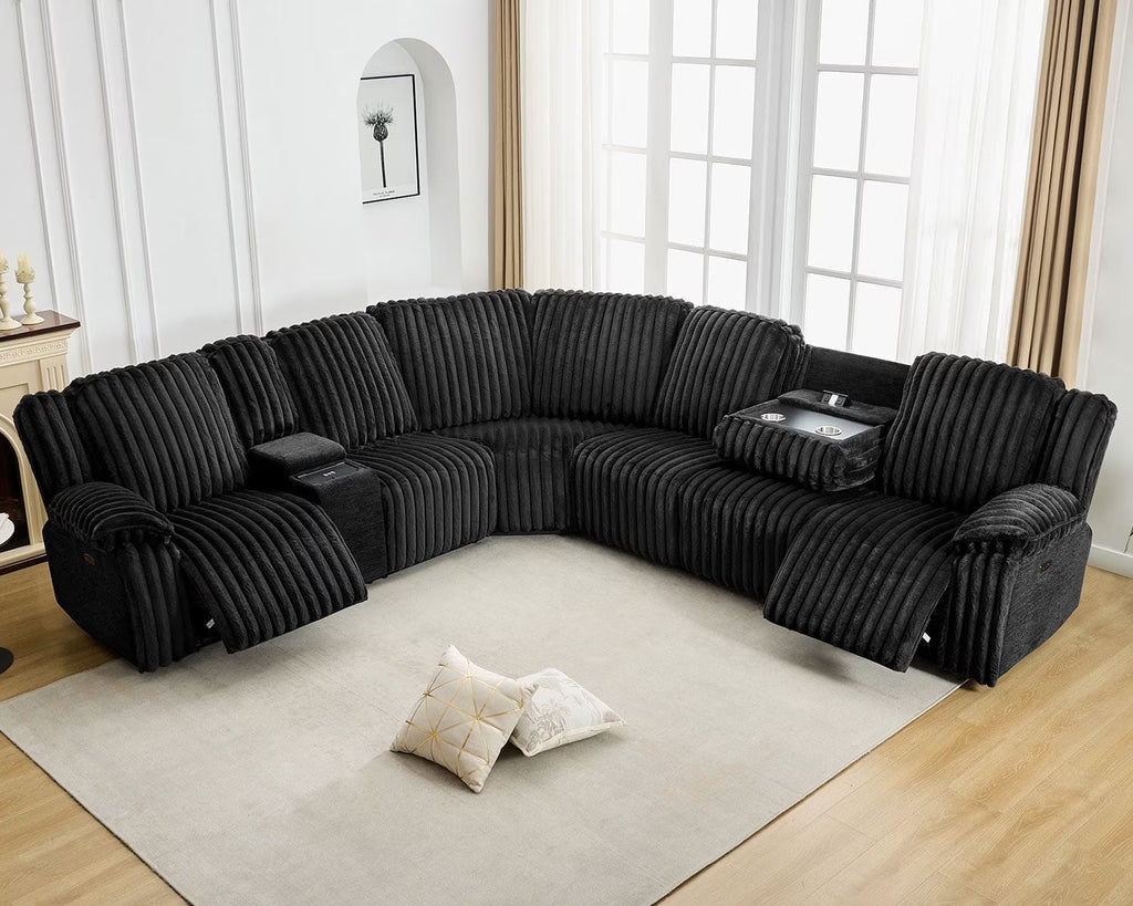Canapé d’angle inclinable électrique avec chargeur sans fil, 6 places en fausse fourrure avec fauteuils inclinables, porte-gobelets dissimulés, console de rangement, ports USB et Type-C, noir