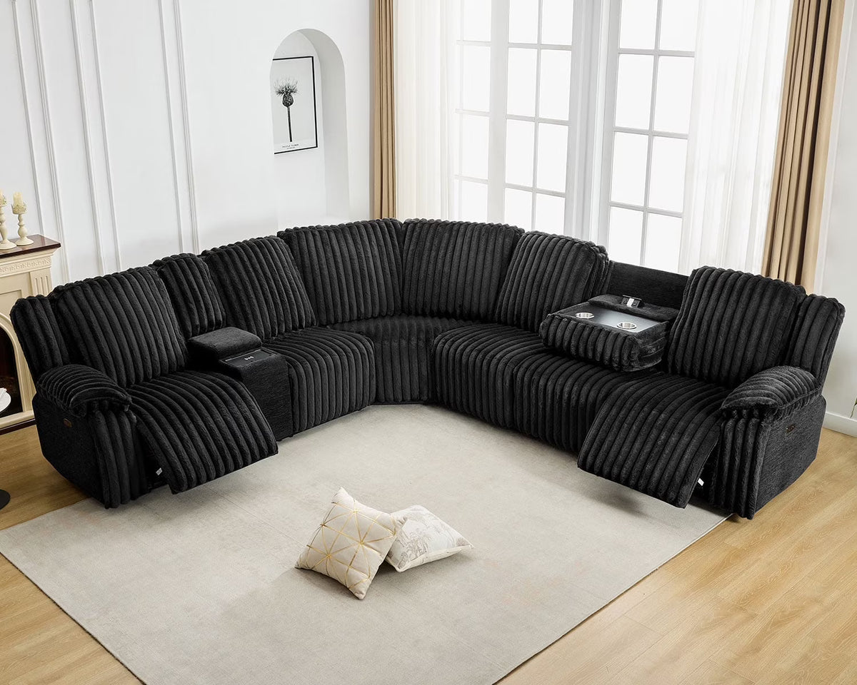 Canapé d’angle inclinable électrique avec chargeur sans fil, 6 places en fausse fourrure avec fauteuils inclinables, porte-gobelets dissimulés, console de rangement, ports USB et Type-C, noir