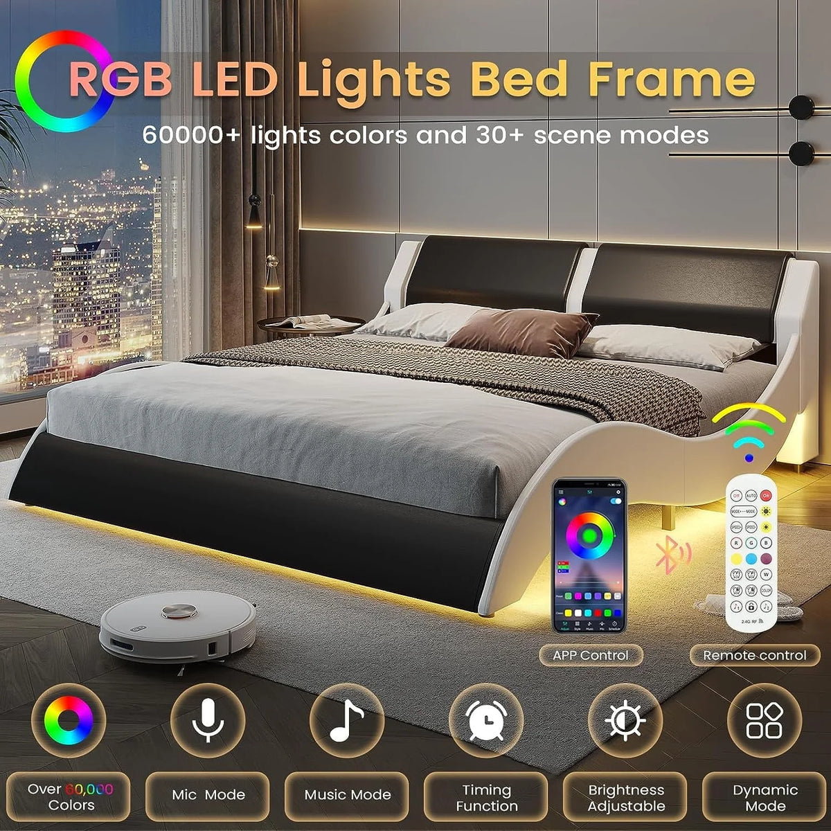 Cadre de lit Queen Size avec éclairage LED,Cadre de lit plateforme moderne avec tête de lit rembourrée,Cadre de lit bas en similicuir effet ondulé,Aucun sommier requis,Noir