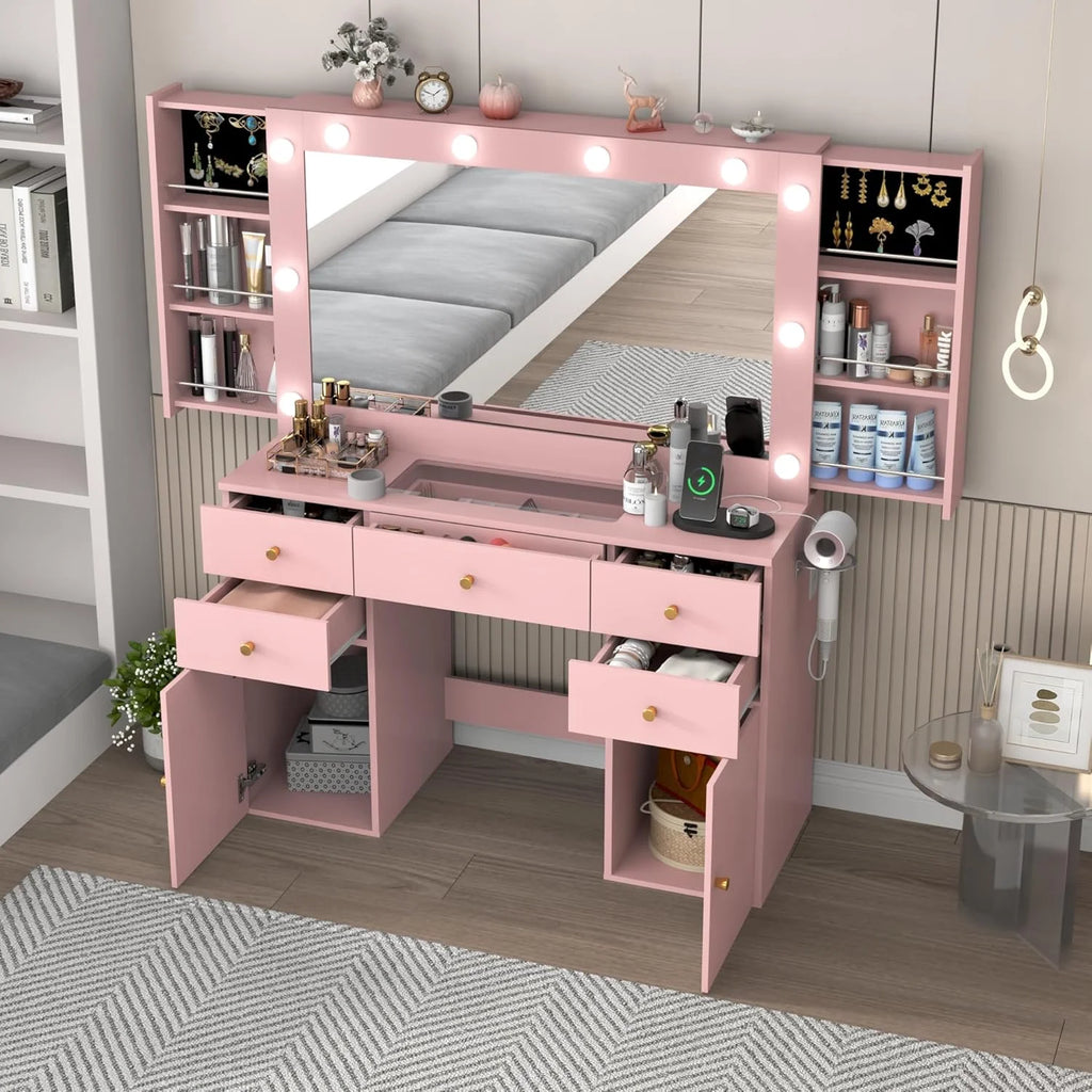 Coiffeuse blanche avec grand miroir lumineux et prise électrique, table de maquillage avec plateau en verre et tiroirs, rangement coulissant, grande coiffeuse de maquillage de 44,1 pour femmes et filles, blanche