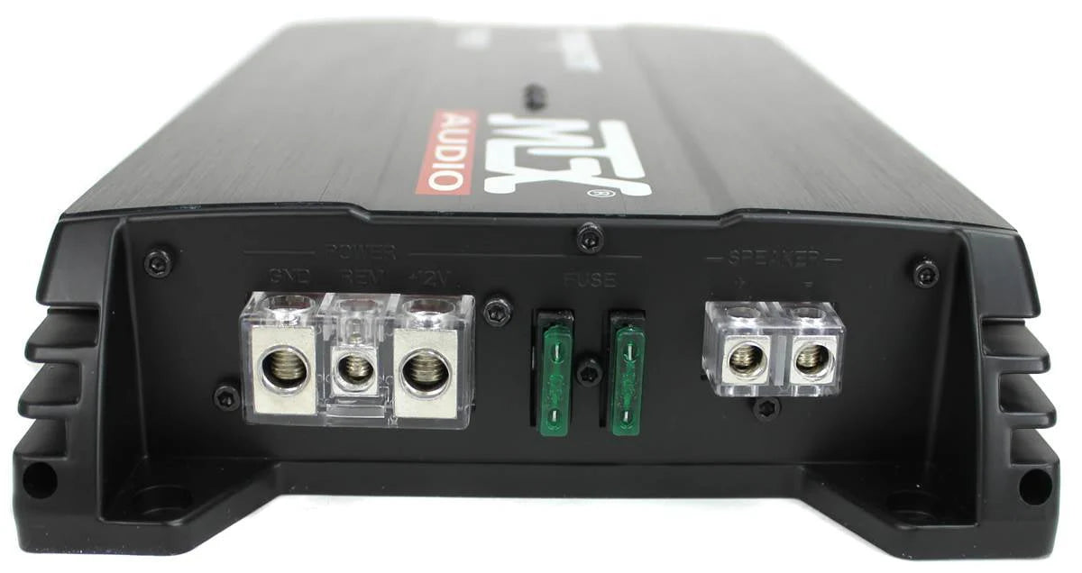 Pack audio MTX comprenant deux caissons de basses pour voiture de 12 pouces, caisson actif et amplificateur avec kit de câblage