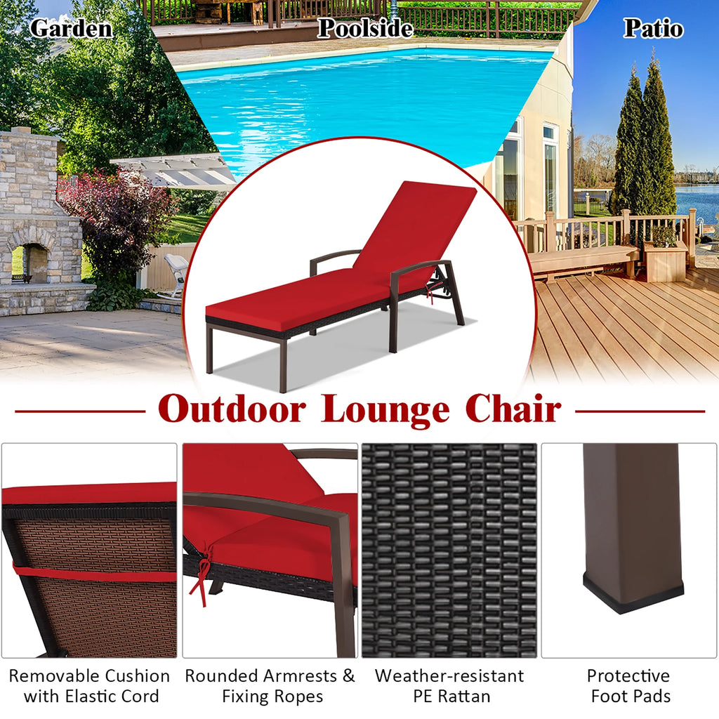 Costway Lot de 2 chaises longues de jardin en rotin, inclinables avec dossier réglable et coussinés, rouges