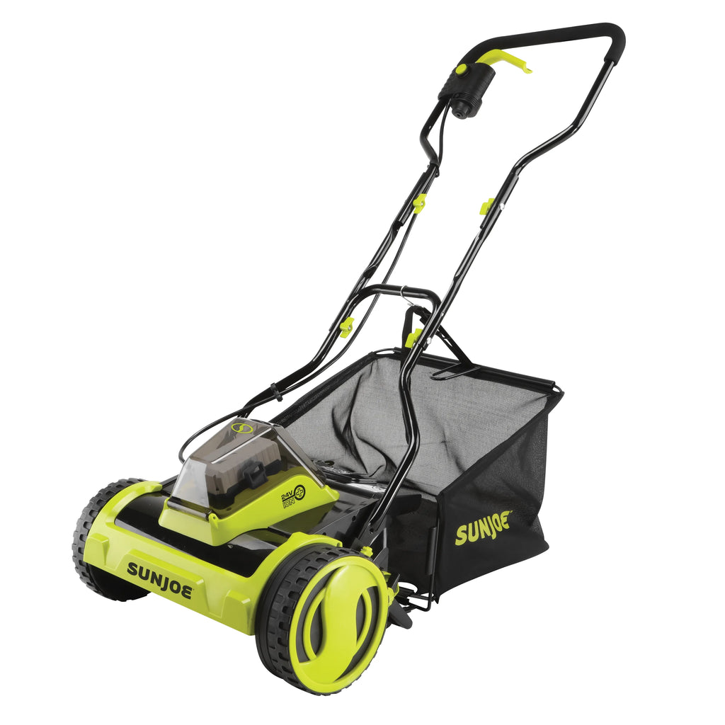 Tondeuse à gazon manuelle sans fil Sun Joe 24 V de 15 pouces, 4 positions, batterie 4,0 Ah et chargeur