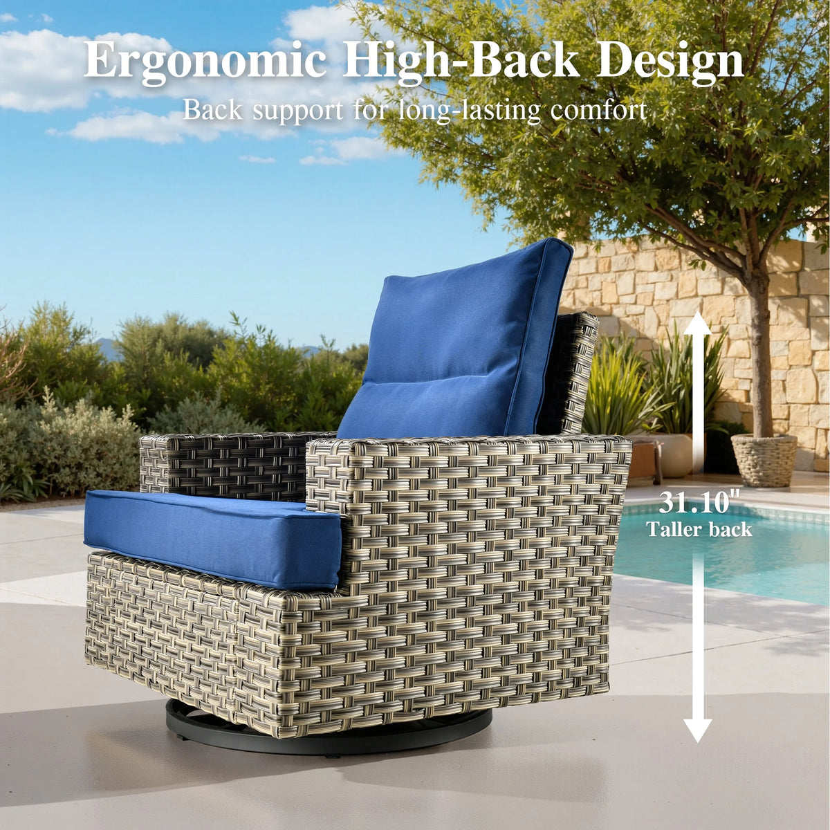 Ovios Salon de jardin modulable moderne en résine tressée toutes saisons à dossier haut, 10 pièces, avec table brasero au propane et fauteuil pivotant, gris foncé
